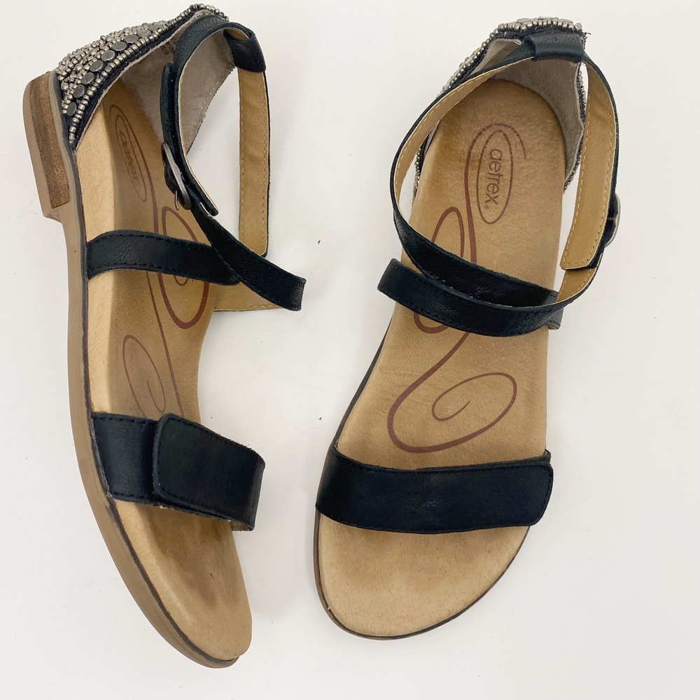 Aetrex Beaded Studded Heel Black Leather Flat Sandals Women 7